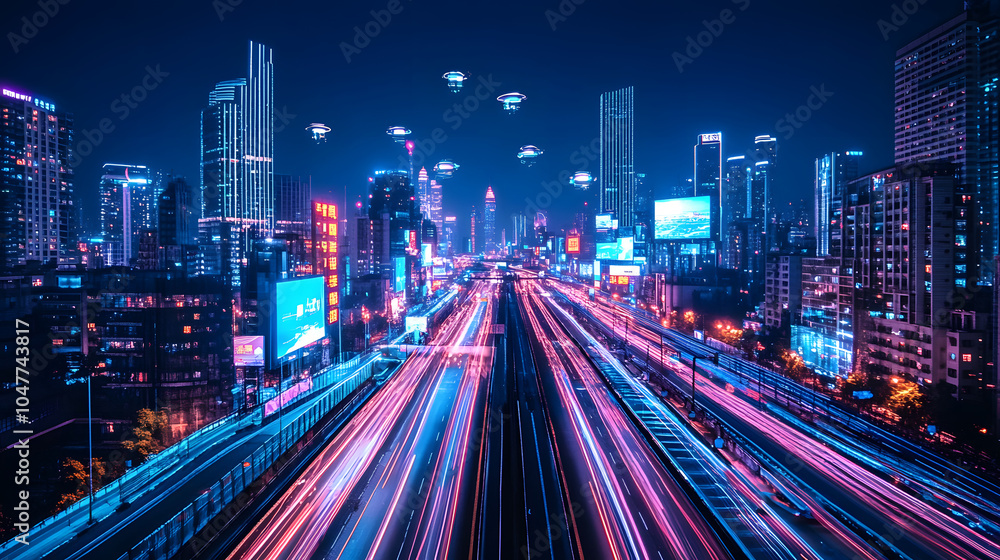 Fototapeta premium Vibrant city skyline at night featuring colorful lights and flying objects