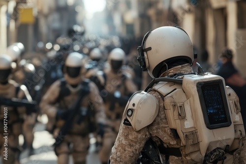 Heavily equipped soldiers clad in high-tech suits march down an urban street, emphasizing military preparedness and the integration of technology in modern warfare. photo