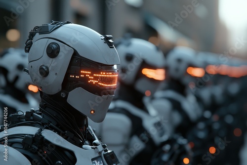 A line of advanced robots with glowing LED visors stands in formation, signifying themes of technology, security, and organized futuristic forces.