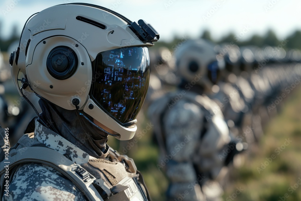 A group of futuristic soldiers with high-tech digital display helmets stand in formation, showcasing advanced military technology and strategic readiness for combat. A group of futuristic soldiers with high-tech digital display helmets stand in formation, showcasing advanced military technology and strategic readiness for combat.