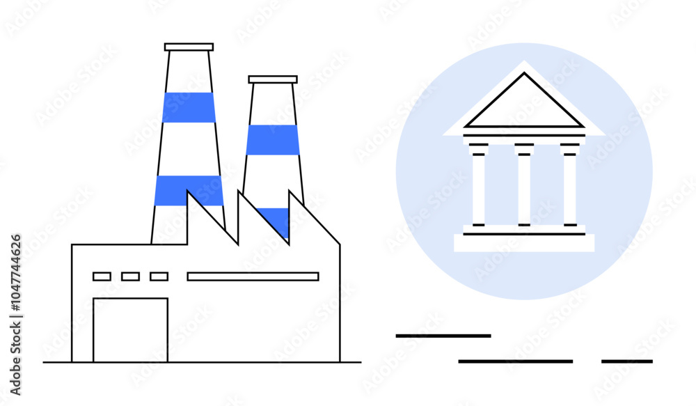 Factory alongside a classical government building icon within a blue circle Ideal for, themes of industry government regulation economy infrastructure corporate governance and public policies Factory alongside a classical government building icon within a blue circle Ideal for, themes of industry government regulation economy infrastructure corporate governance and public policies