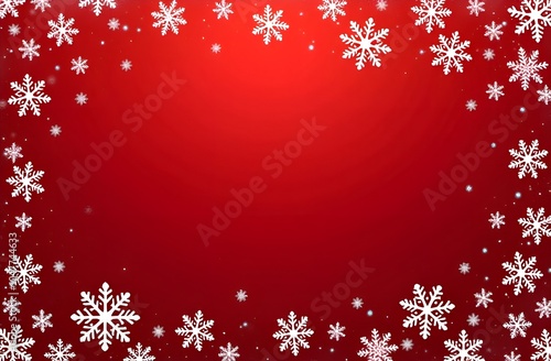 Christmas New Year's background. Horizontal banner. White snowflakes of different sizes on a red background form a frame with free space for text in the center