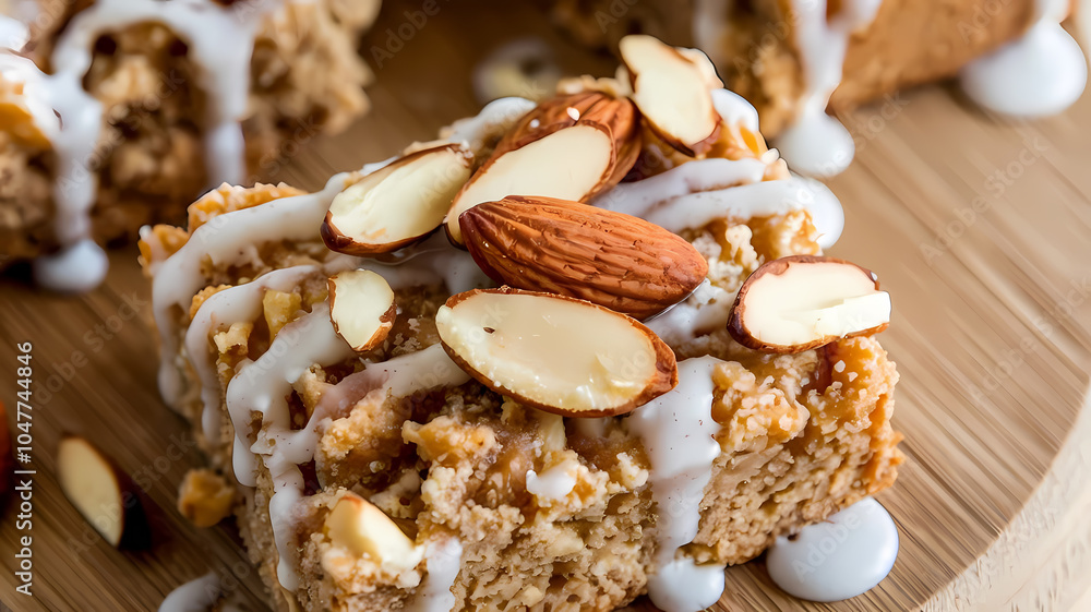Delicious almond cake drizzled with icing, topped with sliced almonds, served on a wooden platter. Perfect for dessert lovers! Delicious almond cake drizzled with icing, topped with sliced almonds, served on a wooden platter. Perfect for dessert lovers!