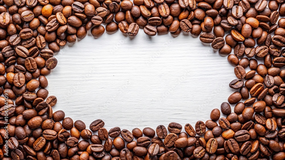 Symmetrical coffee beans on white table with more nearby beans Symmetrical coffee beans on white table with more nearby beans