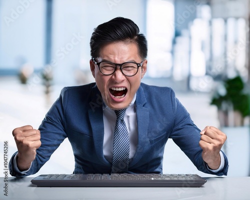 angry asian businessman in suit with keyboard in office screaming