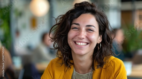 Confident and proud female entrepreneur with a positive mindset participating in a meeting at a creative office, showcasing happiness and motivation in her startup