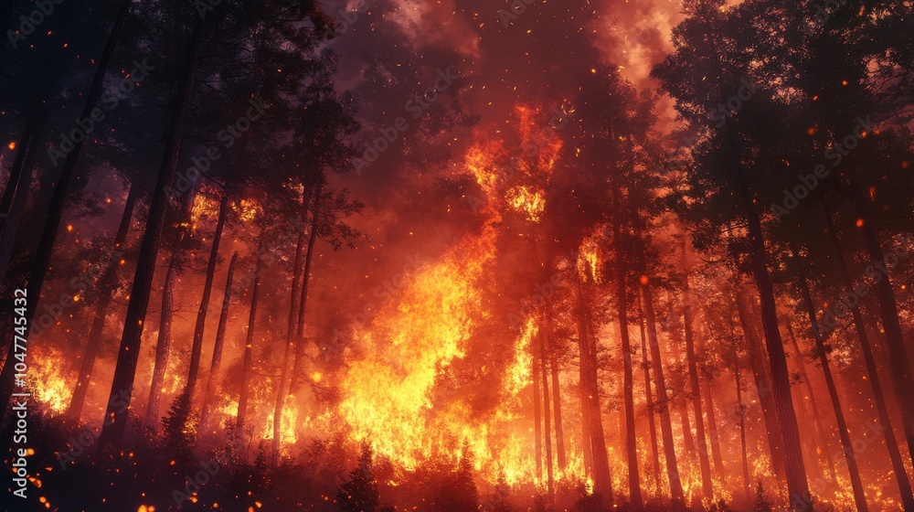 Raging wildfire burning through dense forest trees, with thick smoke filling the sky and bright orange flames engulfing the area Raging wildfire burning through dense forest trees, with thick smoke filling the sky and bright orange flames engulfing the area