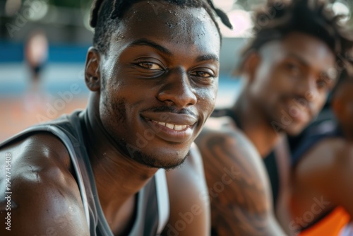 Joyful group of athletic players enjoying basketball at the court, portraying excitement for practice and training sessions