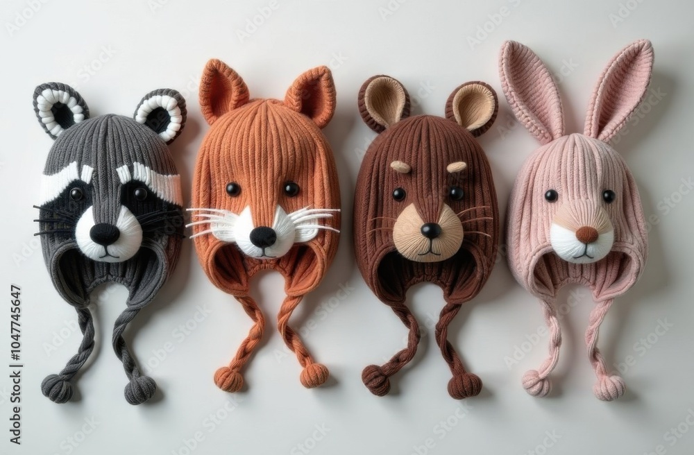 Cute warm knitted animal hats in calm colors with animal muzzles on it: racoon, fox, bear and rabbit, flatlay top view Cute warm knitted animal hats in calm colors with animal muzzles on it: racoon, fox, bear and rabbit, flatlay top view