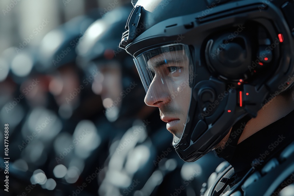 Fototapeta premium A close-up image featuring a soldier with determined expression, wearing an advanced helmet designed for combat, highlighting the intersection of human focus and technology.