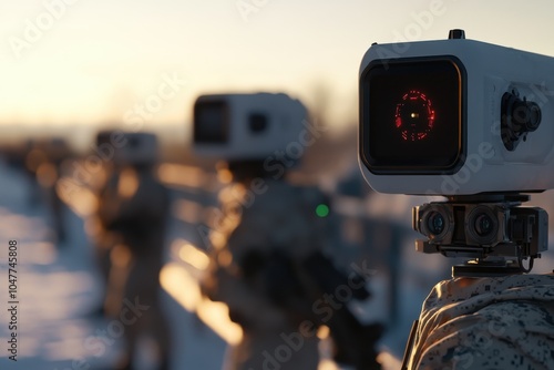 In a snowy landscape, robots equipped with camera heads are on patrol during the twilight hours, highlighting technological vigilance in harsh environments and times. photo