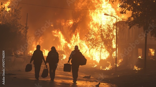 People evacuating with belongings as flames approach their neighborhood, creating a tense and emotional atmosphere photo