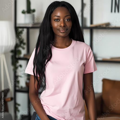 A young Black woman with long hair smiles warmly, wearing a pink t-shirt in a stylish, modern living room setting.