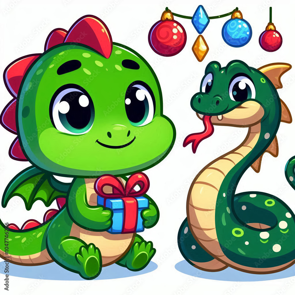 Fototapeta premium Snake and dragon with Christmas decor.