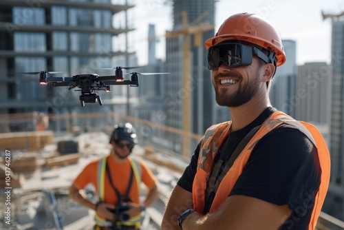 A construction worker in an orange vest smiles while another controls a drone, emphasizing teamwork and technology in modern construction projects with urban skyline. photo