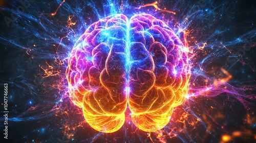 A brightly lit brain with colorful sparks symbolizes creativity, consciousness, and neural activity.