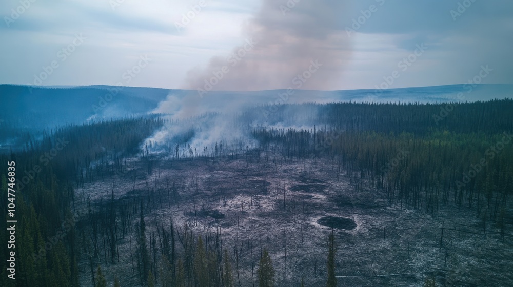 Aerial view of burnt forest areas with patches of smoldering smoke, indicating the scale of the destruction caused by the wildfire Aerial view of burnt forest areas with patches of smoldering smoke, indicating the scale of the destruction caused by the wildfire