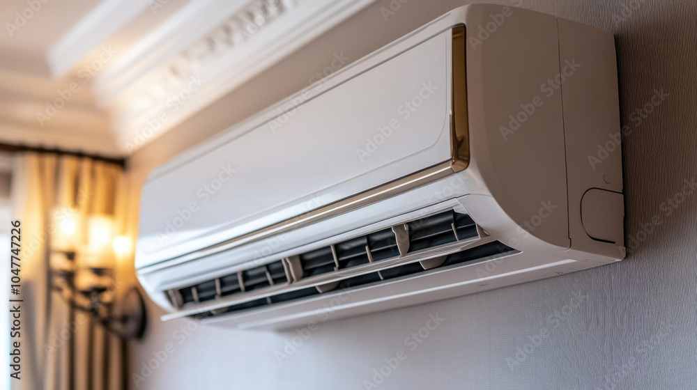 Modern air conditioner mounted on wall, providing efficient cooling in stylish interior. sleek design complements rooms decor, ensuring comfort and elegance Modern air conditioner mounted on wall, providing efficient cooling in stylish interior. sleek design complements rooms decor, ensuring comfort and elegance