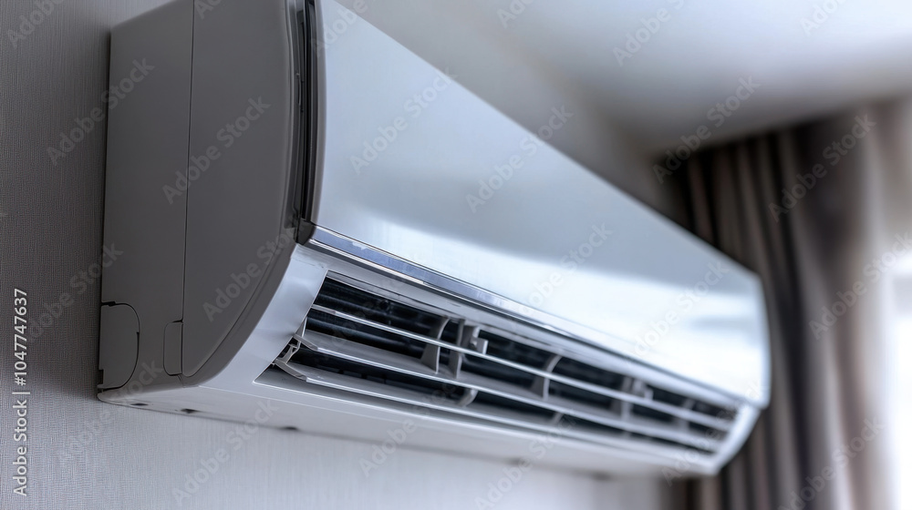 Modern air conditioner mounted on wall, providing efficient cooling in room. Its sleek design complements interior decor, ensuring comfort and style Modern air conditioner mounted on wall, providing efficient cooling in room. Its sleek design complements interior decor, ensuring comfort and style