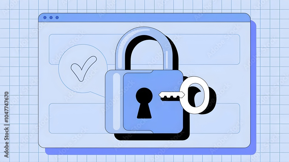Padlock with key in keyhole on computer screen with checkmark circle Padlock with key in keyhole on computer screen with checkmark circle