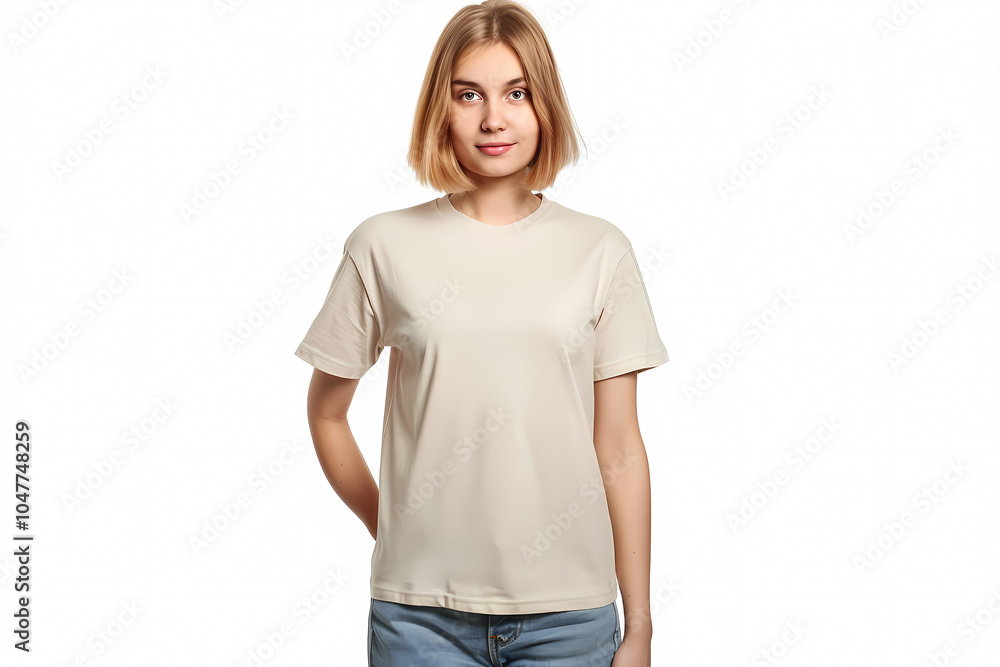 Fototapeta premium A young Caucasian female model poses confidently in a simple beige t-shirt and blue jeans against a clean white background.
