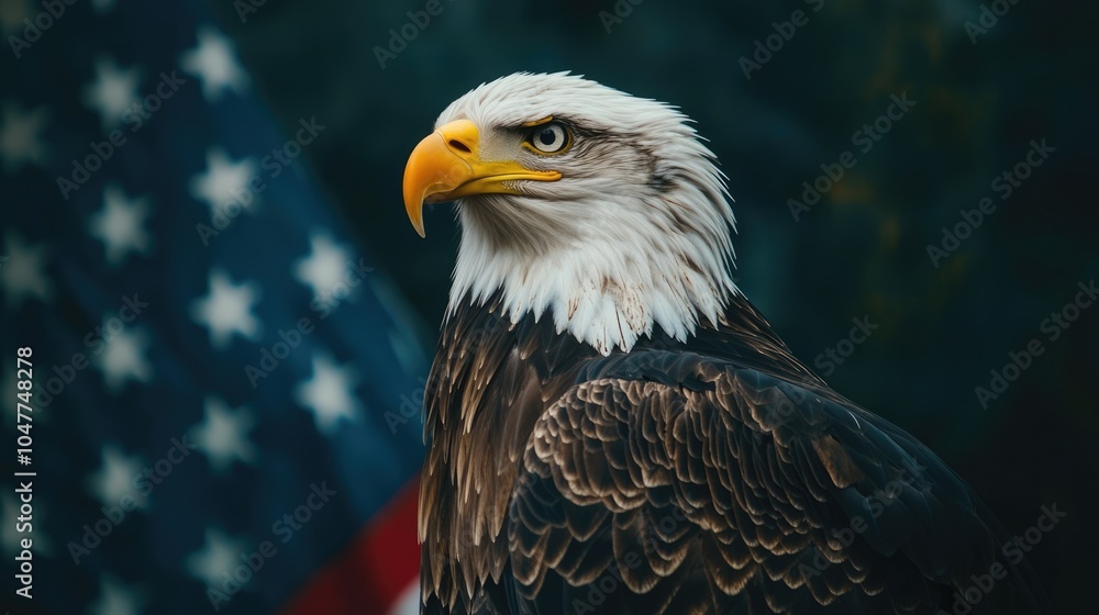 Obraz premium North American bald eagle with the USA flag at the background. Symbol of freedom