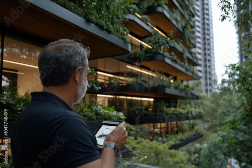 An individual observes a modern building with lush green verandas, reflecting urban nature integration, while using a digital tablet, symbolizing technology's role. photo