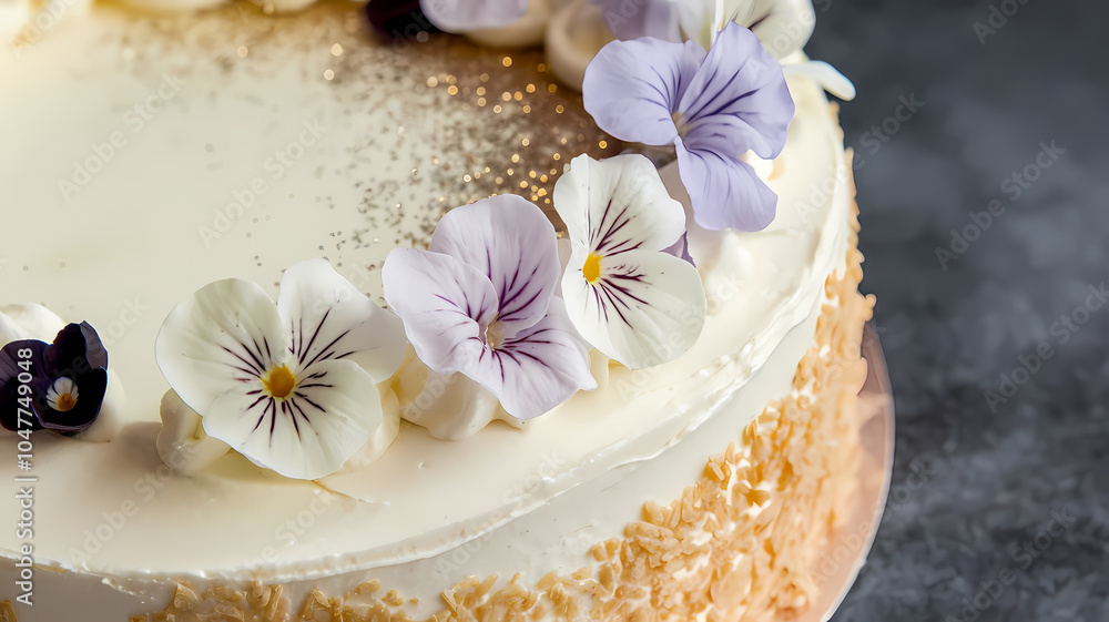 Delicious cake topped with edible flowers, gold dust, and a creamy frosting, perfect for celebrations and special occasions. Delicious cake topped with edible flowers, gold dust, and a creamy frosting, perfect for celebrations and special occasions.