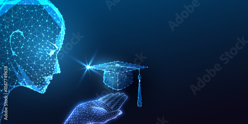 Integration of technology in education with futuristic AI robotic head holding blue graduation cap 