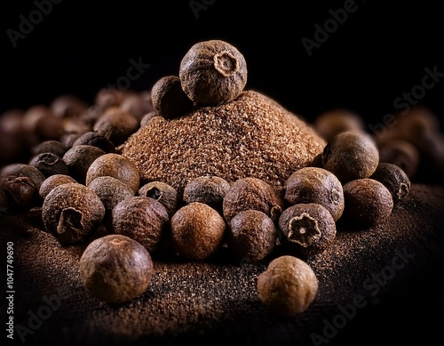 allspice jamaica pepper pimento spice heap rotating over black background whole black peppercorns close up photo