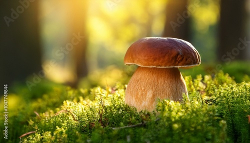 art cep porcini mushroom on the moss in summer sunny forest glade summer nature background