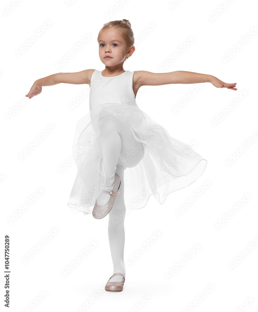 Fototapeta premium Little girl pretending to be ballerina on white background. Dreaming of future profession