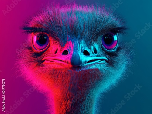 An ostrich's face glows brilliantly under neon lights, representing modern artistry and vivid imagination. photo