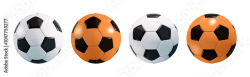 Soccer ball vector 3d icon set. Black and white european football league soccerball. Sport isolated logo for game bet. Handball isolated realistic render for world cup, school team, club tournament.