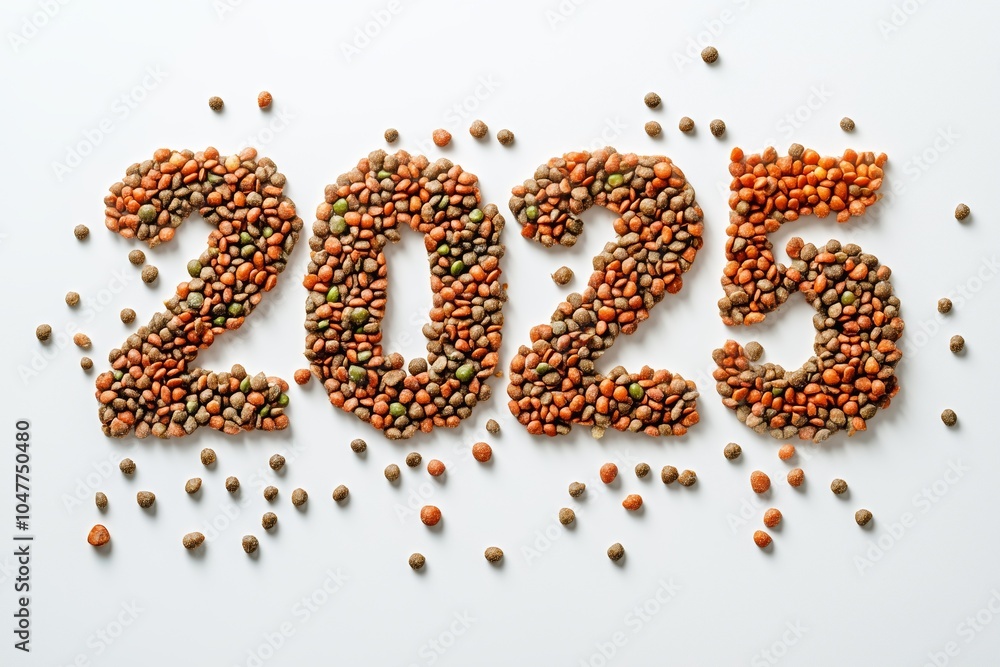 Number 2025 made of pet food on a gray concrete textured background. Veterinary clinic. New Year and Christmas holidays Number 2025 made of pet food on a gray concrete textured background. Veterinary clinic. New Year and Christmas holidays