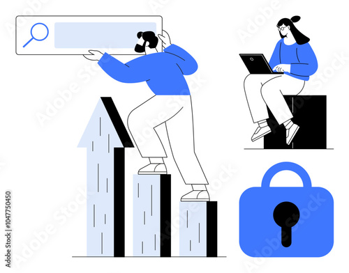 Two individuals working with data. One climbs bar graphs holding a search icon. The other uses a laptop. Ideal for business analysis, digital marketing, data management, online security, and tech