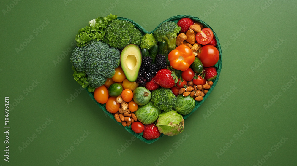Healthy Heart Shape with Fresh Vegetables Fruits Nuts on Green Background Healthy Heart Shape with Fresh Vegetables Fruits Nuts on Green Background