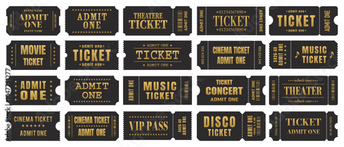 Vector set of black and gold ticket templates. Invitation tickets. Vector illustration.