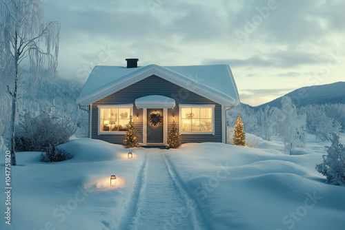 cozy mountain house in Christmas decor in the snow at dawn