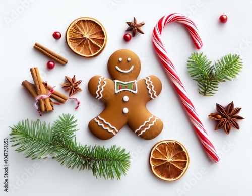 christmas composition with isolated christmas sweet candy and ginger men on white background flat lay top view