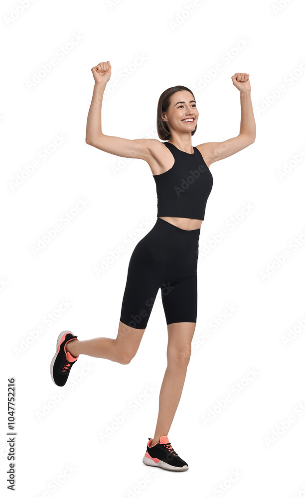 Beautiful woman in sportswear running on white background Beautiful woman in sportswear running on white background