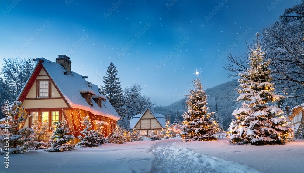 christmas village with decorated trees and snow covered homes christmas village with decorated trees and snow covered homes
