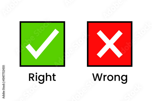 Right and Wrong Icon Set - Green Check Mark and Red Cross Graphic for Correct and Incorrect Indications, Decision-Making, and User Interface Design