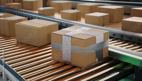 closed cardboard boxes and wrapped with adhesive on conveyor roller 3d rendering