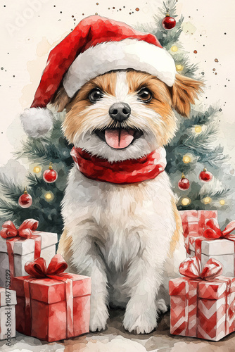 white dog in a cap near the Christmas tree watercolor photo