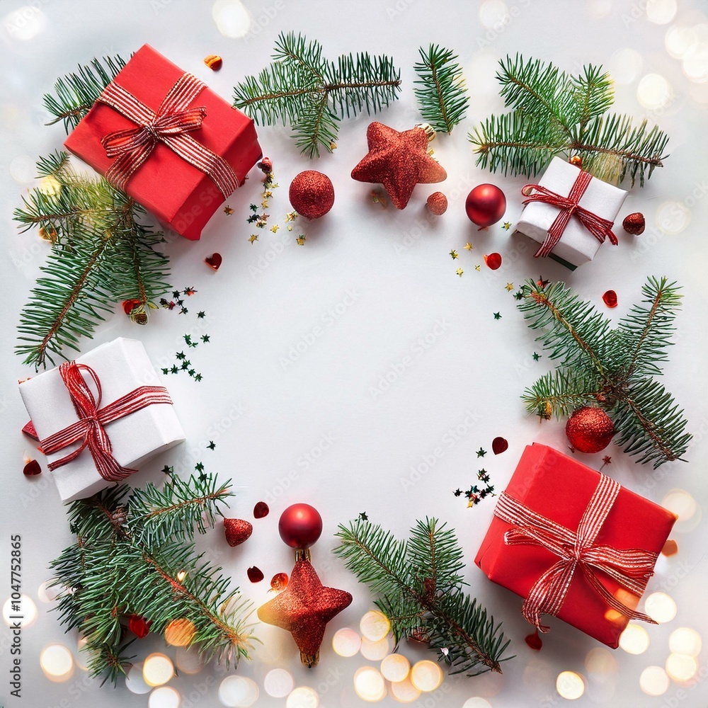 creative frame made of christmas fir branches gift boxes red decoration sparkles and confetti on white background xmas and new year holiday bokeh light flat lay top view creative frame made of christmas fir branches gift boxes red decoration sparkles and confetti on white background xmas and new year holiday bokeh light flat lay top view