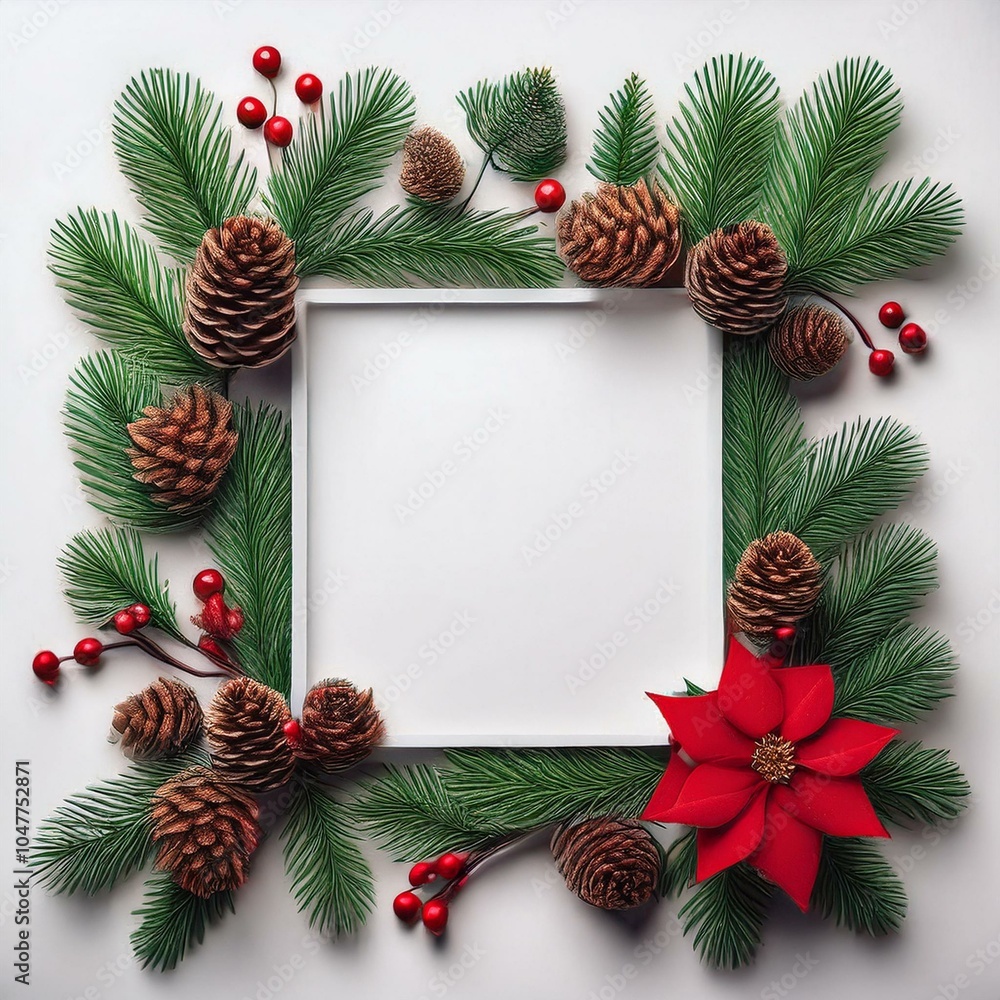 creative frame made of christmas fir branches on white paper background with red decoration pine cones xmas and new year theme flat lay top view creative frame made of christmas fir branches on white paper background with red decoration pine cones xmas and new year theme flat lay top view