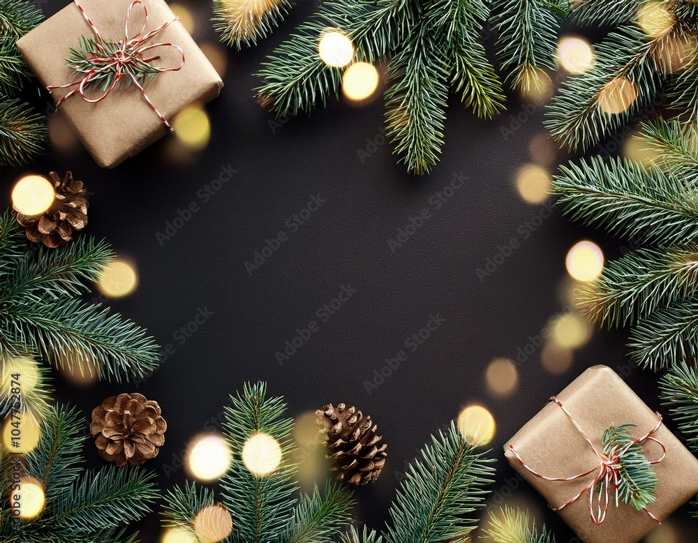 creative layout frame made of christmas fir branches pine cones gifts on dark background with light xmas and new year theme bokeh sparking glowing flat lay top view wide composition creative layout frame made of christmas fir branches pine cones gifts on dark background with light xmas and new year theme bokeh sparking glowing flat lay top view wide composition