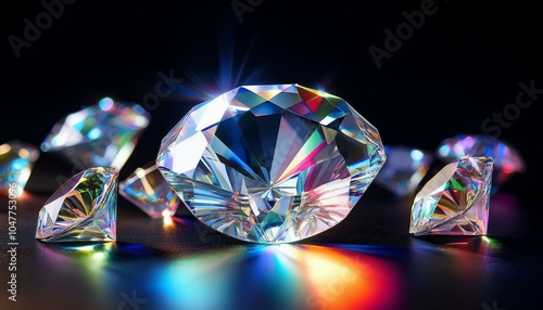 diamonds over black background crystals beautiful brilliants sparkling with colorful caustics rainbow lights moissanite zirconia photo