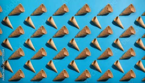 empty wafer ice cream cones continuous pattern on blue background isoclate top view hard light